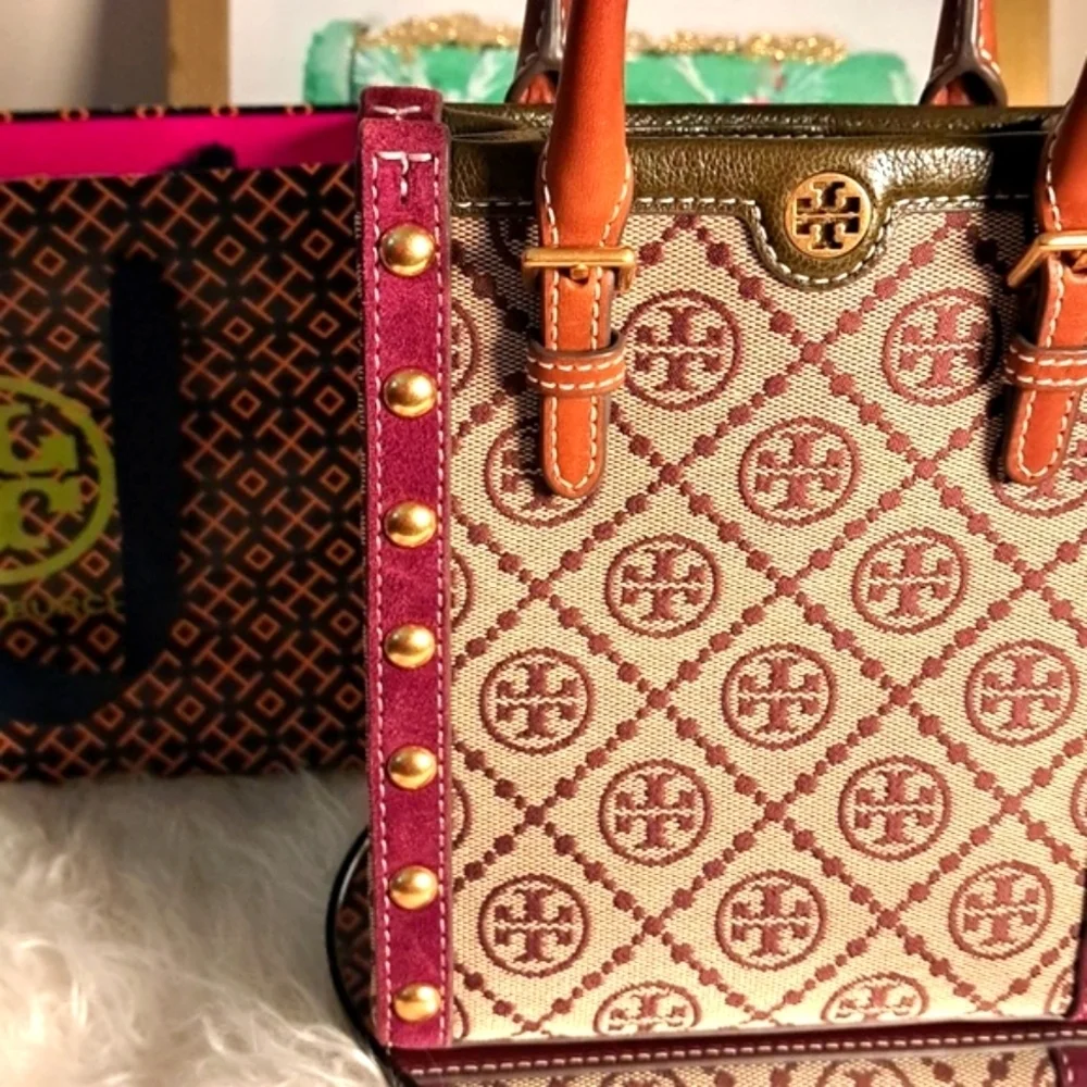 Tory Burch NWOTs Mini T Monogram Jacquard Studded North-South Tote Bag